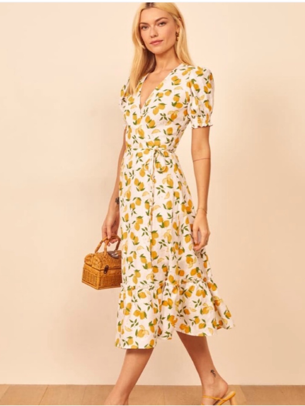 Reformation Veronika Veronica Linen Wrap Midi Dress in Lemonade Lemon 🍋 XS $218